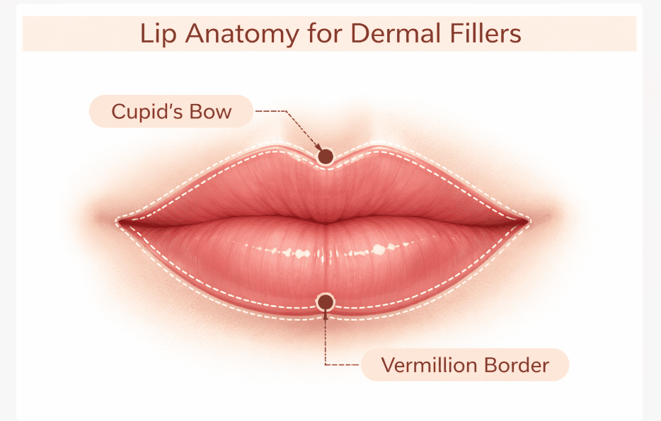 Diagram of lip anatomy for dermal fillers highlighting vermillion border and cupid's bow