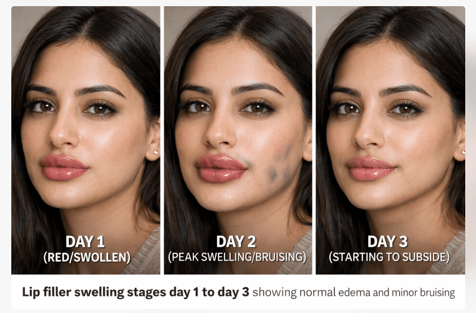 Lip filler swelling stages day 1 to day 3 showing normal edema and minor bruising.