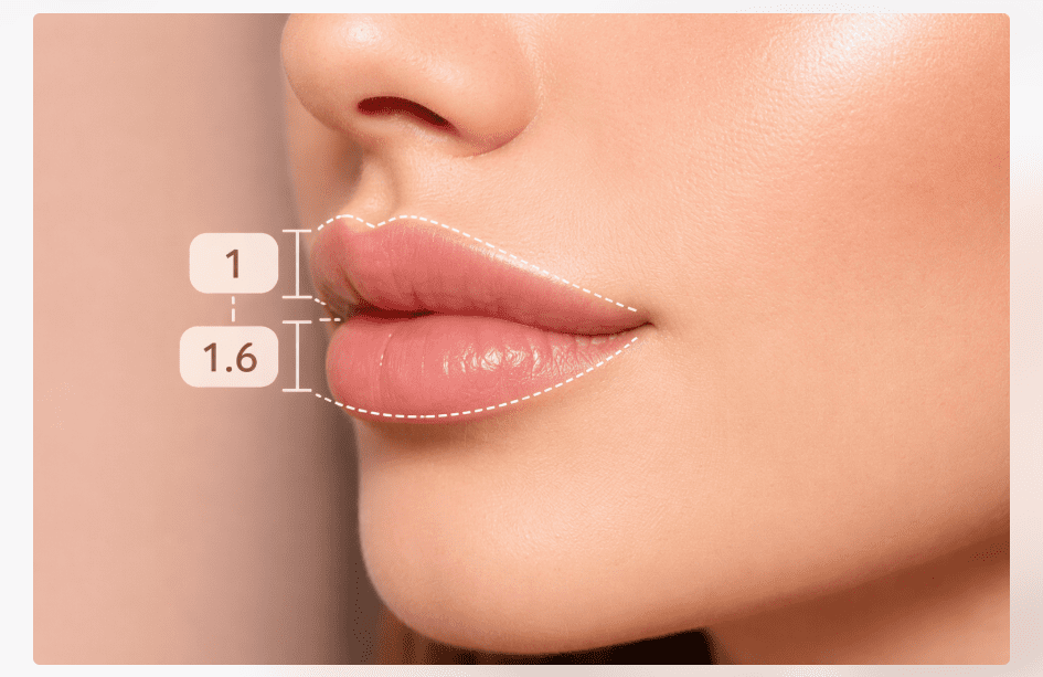 Golden Ratio in lip fillers showing facial harmony and upper to lower lip proportions.