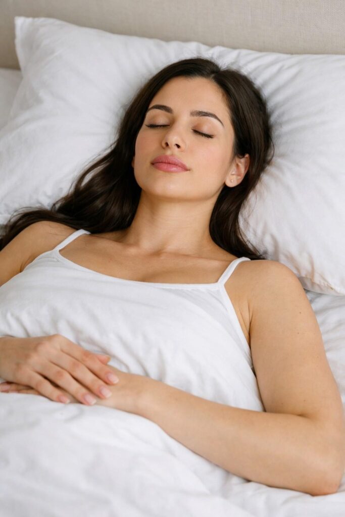 A woman sleeping safely on her back in the supine position to prevent lip filler migration.