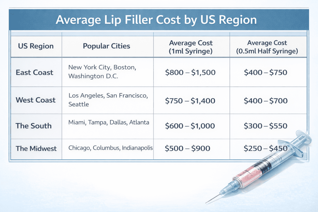 lip filler cost by US region 2026 east coast west coast south midwest prices
