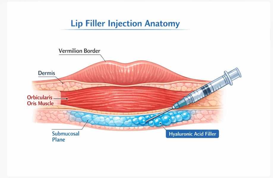 Anatomical diagram of the lip showing the orbicularis oris muscle and the correct submucosal plane for hyaluronic acid lip filler injections.