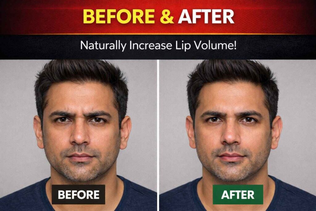 Lip filler men before and after showing a subtle, masculine hydration and correction of the angry resting face.]