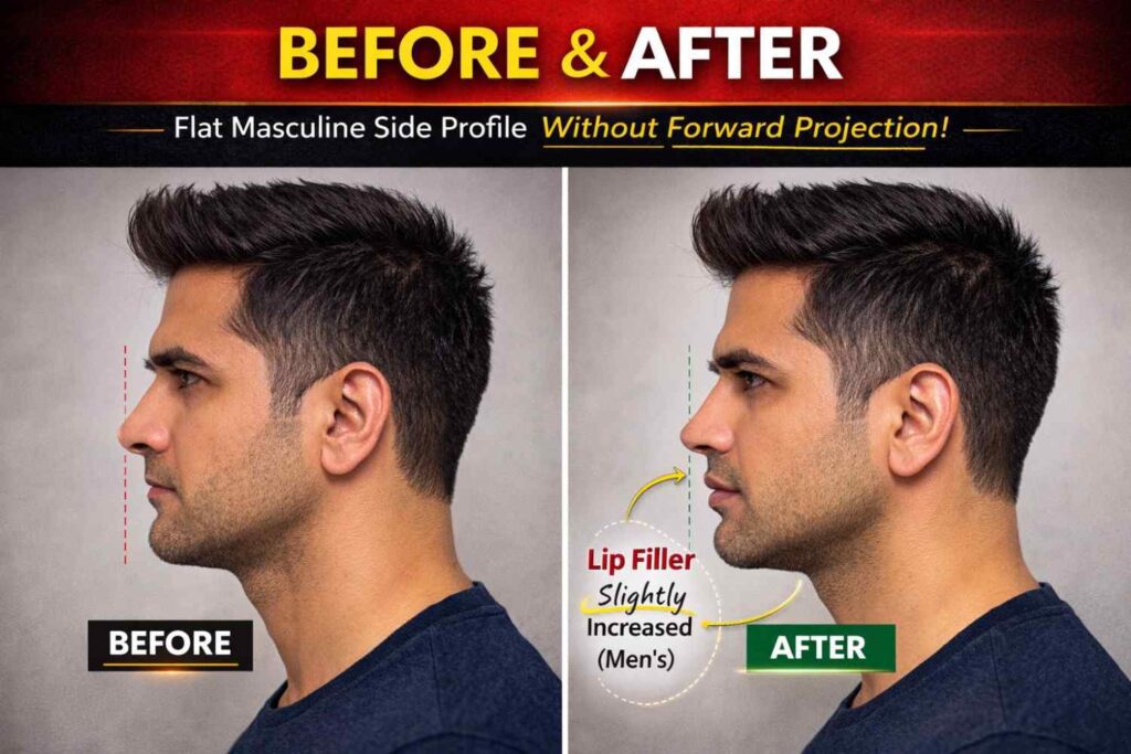 Side profile view of lip filler men before and after