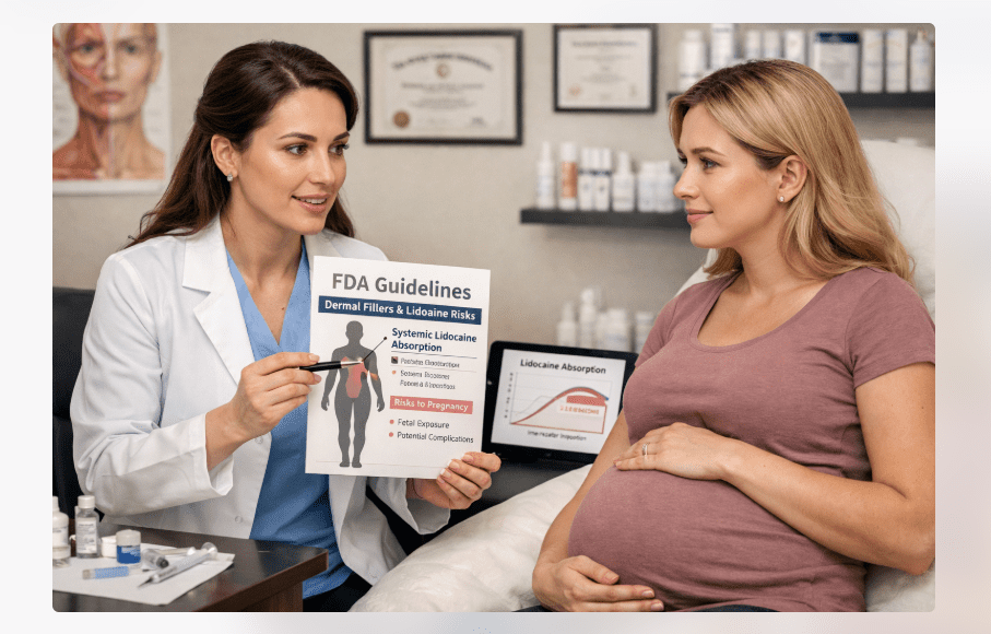 Aesthetic doctor explaining FDA guidelines and systemic lidocaine absorption risks of dermal fillers to a pregnant patient.