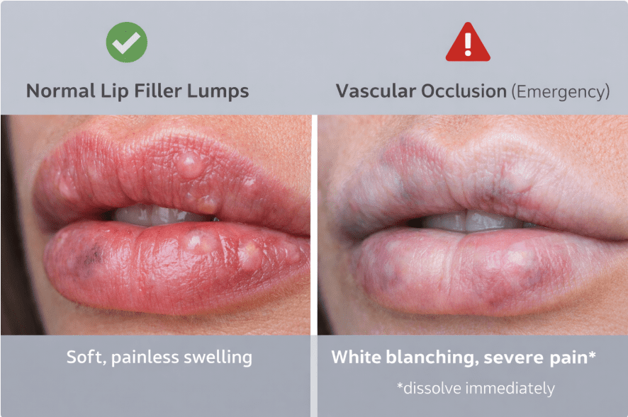 comparison of normal lip filler lumps with vascular occlusion emergency showing swelling, white blanching, and when to dissolve with hyaluronidase