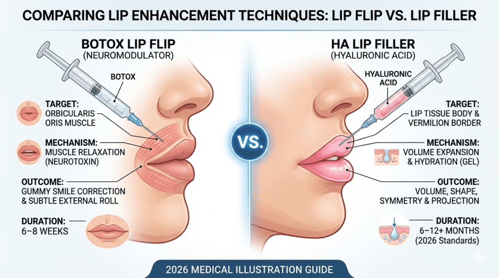A side-by-side medical illustration diagram comparing a Botox lip flip (left, targeting orbicularis oris muscle) versus an HA lip filler injection (right, targeting lip tissue body and vermilion border)
