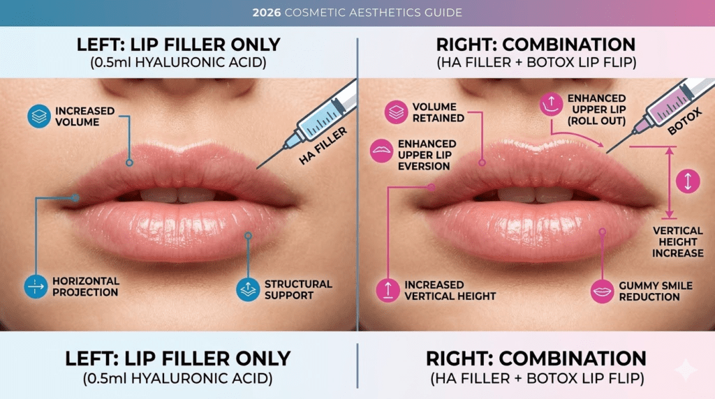 he left panel shows lips with HA lip filler (showing volume and horizontal projection). The right panel features the same lips with HA filler and a Botox lip flip (showing vertical height increase, significant upper lip eversion, and gummy smile reduction). Annotations point to specific anatomical targets and outcomes for a 2026 cosmetic aesthetics guide.