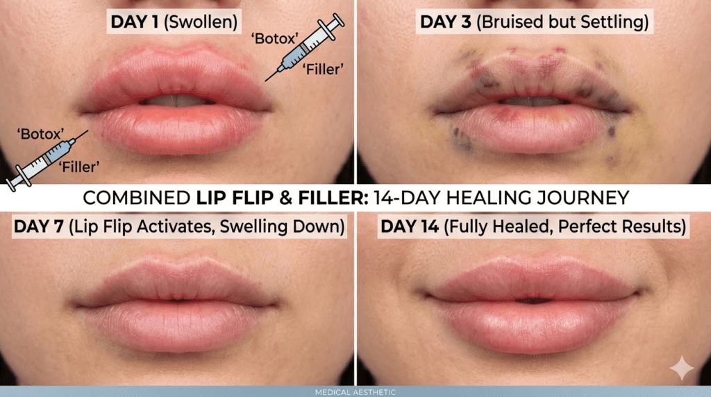 A horizontal 16:9 clinical photograph grid illustrating a single patient's lips during the 14-day healing journey of a combined Lip Flip and Filler treatment in 2026. Top-left: Day 1 (Swollen); Top-right: Day 3 (Bruised but Settling); Bottom-left: Day 7 (Lip Flip Activates, Swelling Down, Bruising almost gone); Bottom-right: Day 14 (Fully Healed, Perfect Results, showing enhanced vertical height, eversion, plumpness, and hydration).