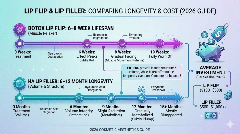 The top timeline shows the 6–8 week lifespan of a Botox Lip Flip, detailing gradual neurotoxin degradation and muscle activity return. The bottom timeline visualizes the 6–12 month longevity of HA Lip Filler, showing initial volume, integration, and natural enzymatic breakdown. A piggy bank and price tag icon anchor the cost section on the right, displaying estimated investment ranges: Lip Flip ($100–$300) and Lip Filler ($500–$1,000+).