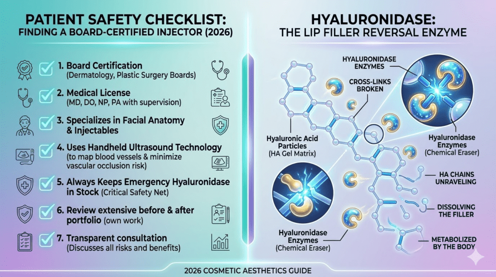 A horizontal 16:9 clinical infographic illustration, divided into two sections. The left section, titled "PATIENT SAFETY CHECKLIST: FINDING A BOARD-CERTIFIED INJECTOR (2026)", shows a checklist with glowing teal checkmarks and modern medical icons. The points include verifying a medical license, board certification (e.g., American Board of Dermatology, American Board of Plastic Surgery), specialization in facial anatomy & injectables, use of handheld ultrasound technology (for mapping blood vessels to minimize vascular occlusion risk), emergency stock of hyaluronidase, portfolio review, and transparent consultation. The right section, titled "HYALURONIDASE: THE LIP FILLER REVERSAL ENZYME", provides an anatomical visualization of the hyaluronidase enzyme breaking down hyaluronic acid particles (HA Gel Matrix), showing "BEFORE" interconnected chains with "CROSS-LINKS BROKEN", "HA CHAINS UNRAVELING", and the metabolic process. The overall design uses smooth, clean lines, glowing accents, soft gradients, and modern digital art style with clear legible typography for a 2026 cosmetic aesthetics guide.