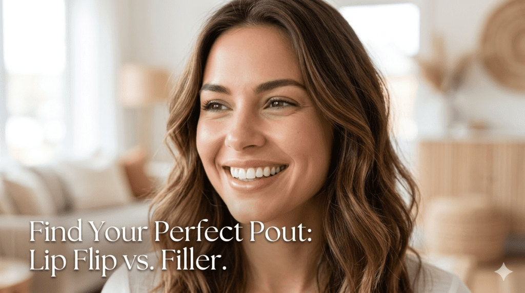 A horizontal 16:9 lifestyle close-up photograph of a naturally beautiful woman with a genuine, wide smile showing balanced lip proportions, visible white teeth, and natural skin texture. The background is softly blurred. Subtle white text in the lower-left corner reads: 'Find Your Perfect Pout: Lip Flip vs. Filler.' Visualization for a 2026 article, optimized for Google Discover.