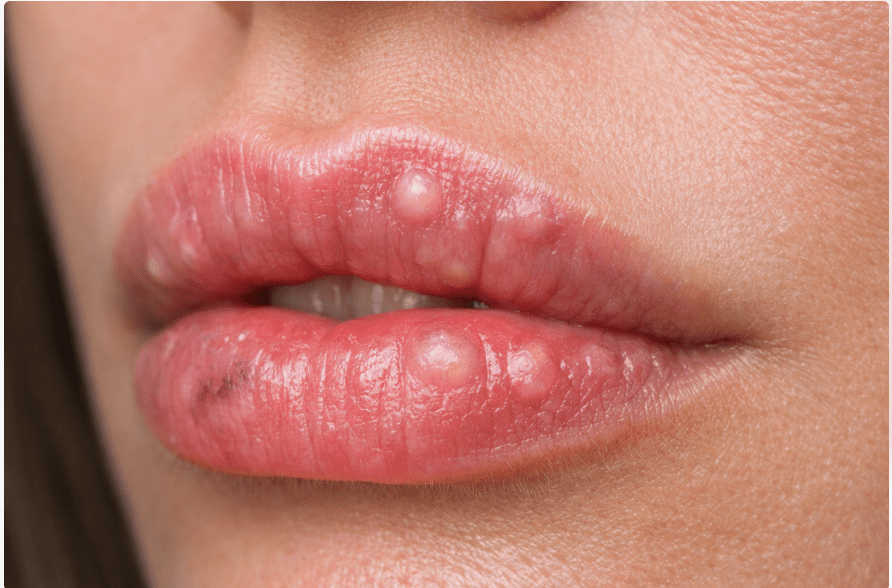 lumps in lips after filler close up showing swelling and small bumps during lip filler healing process