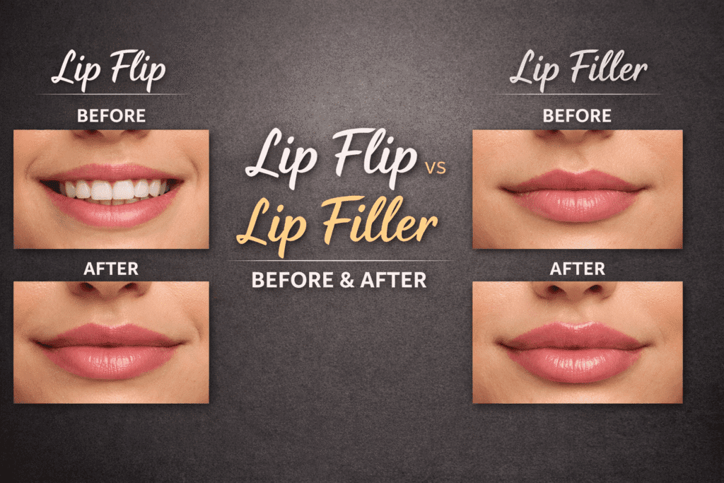 lip flip and filler before and after results showing natural lip enhancement